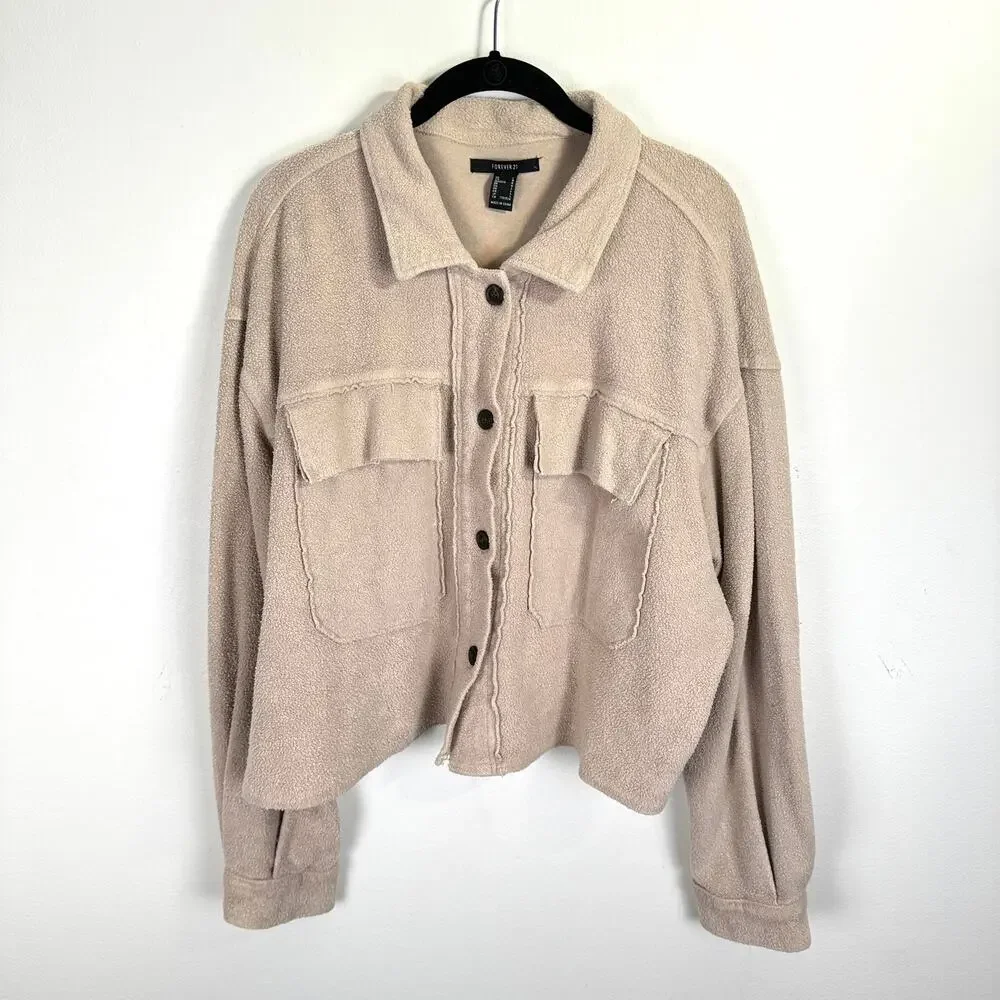 Forever 21 Beige Fleece Oversized Shirt Jacket Boxy Button Up Shacket Womens L